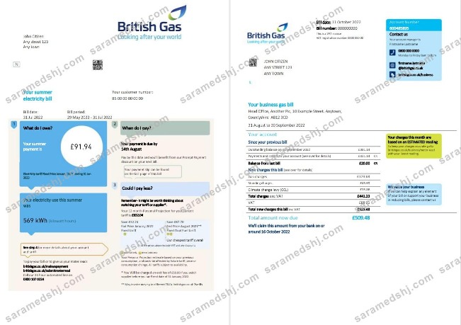 United Kingdom British Gas bill, Word and PDF template, 2 pages
